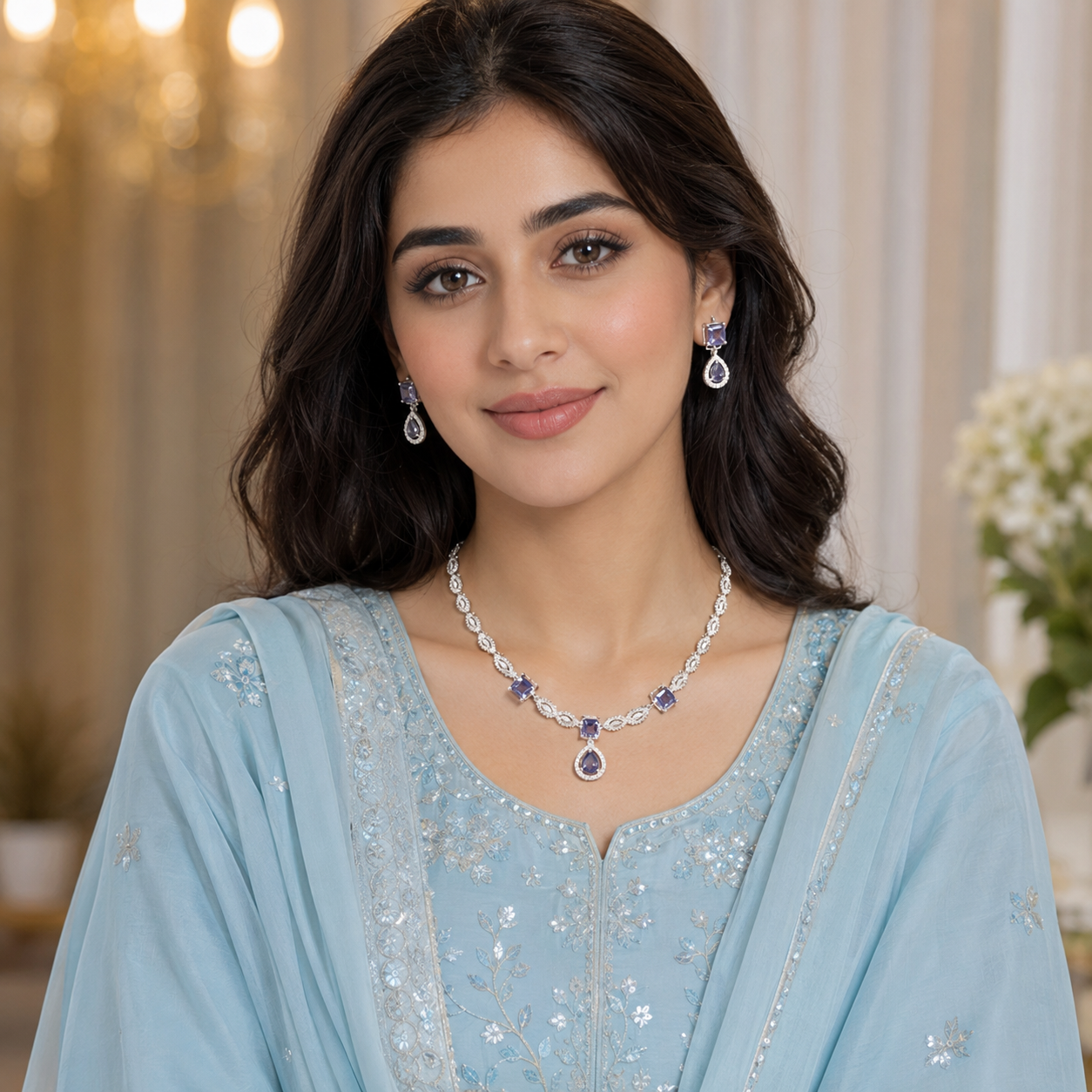 Lavender Crystal Silver-Tone Necklace & Earrings Set