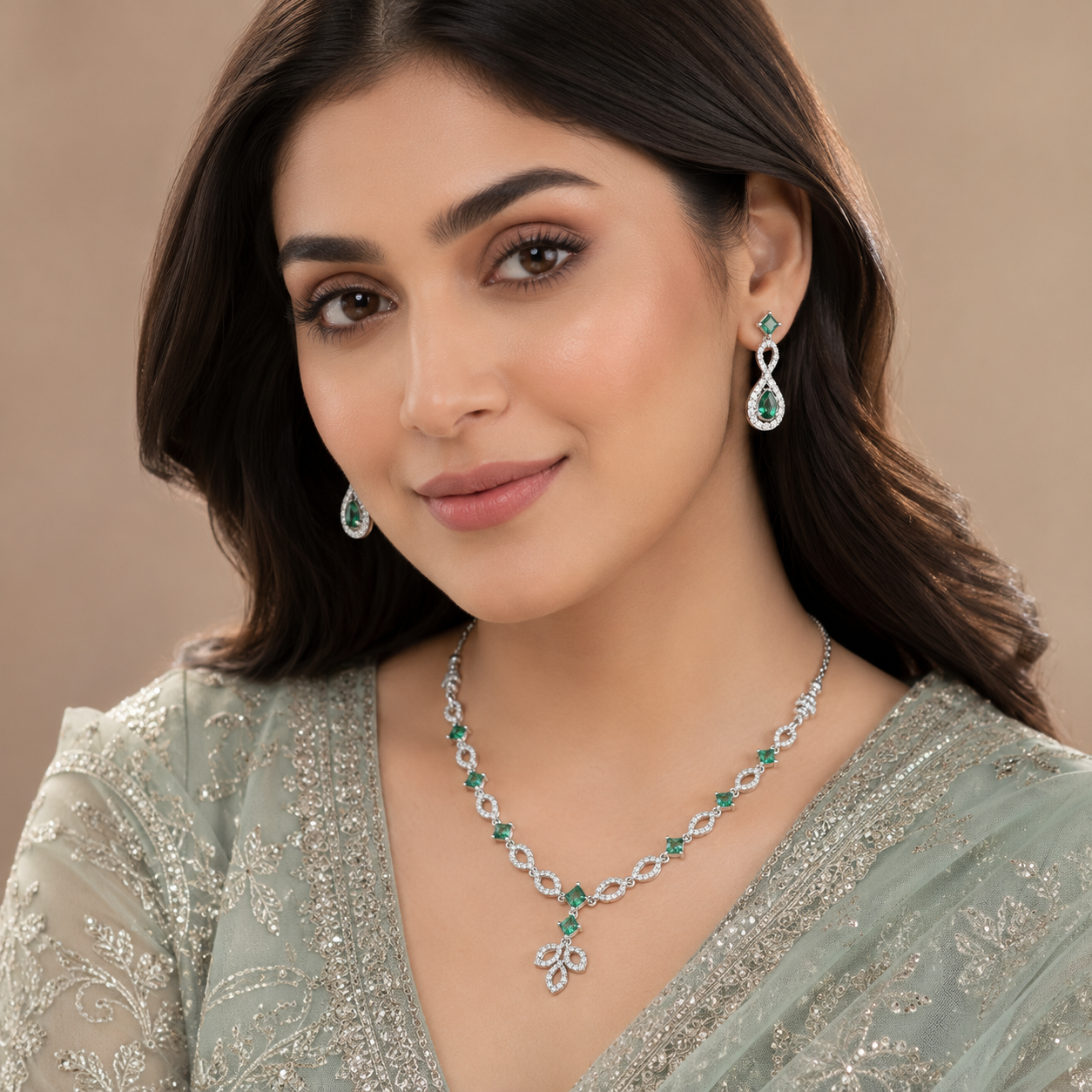 Emerald Green Crystal Floral Necklace & Earrings Set