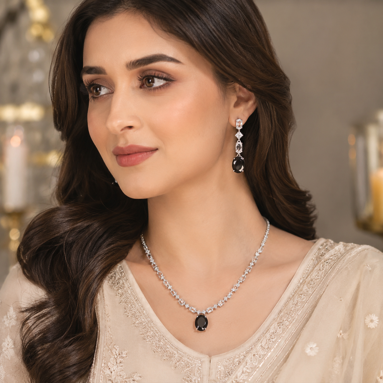 Midnight Black Crystal Necklace & Drop Earrings Set
