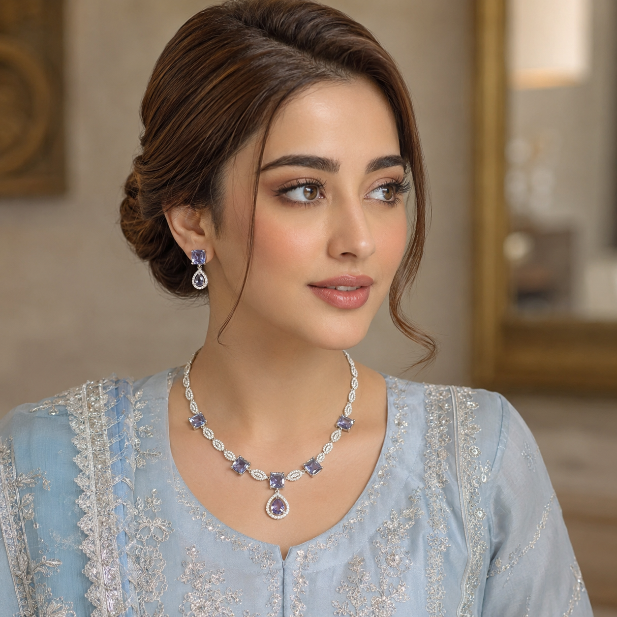 Lavender Crystal Silver-Tone Necklace & Earrings Set
