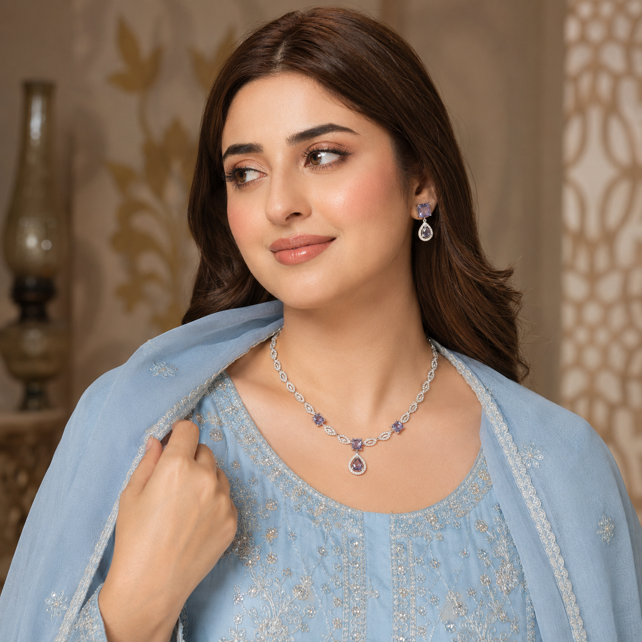 Lavender Crystal Silver-Tone Necklace & Earrings Set