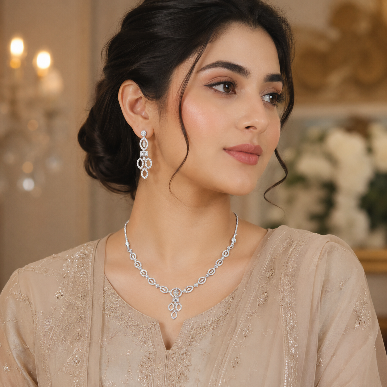 Radiant Crystal Leaf Necklace & Earrings Set