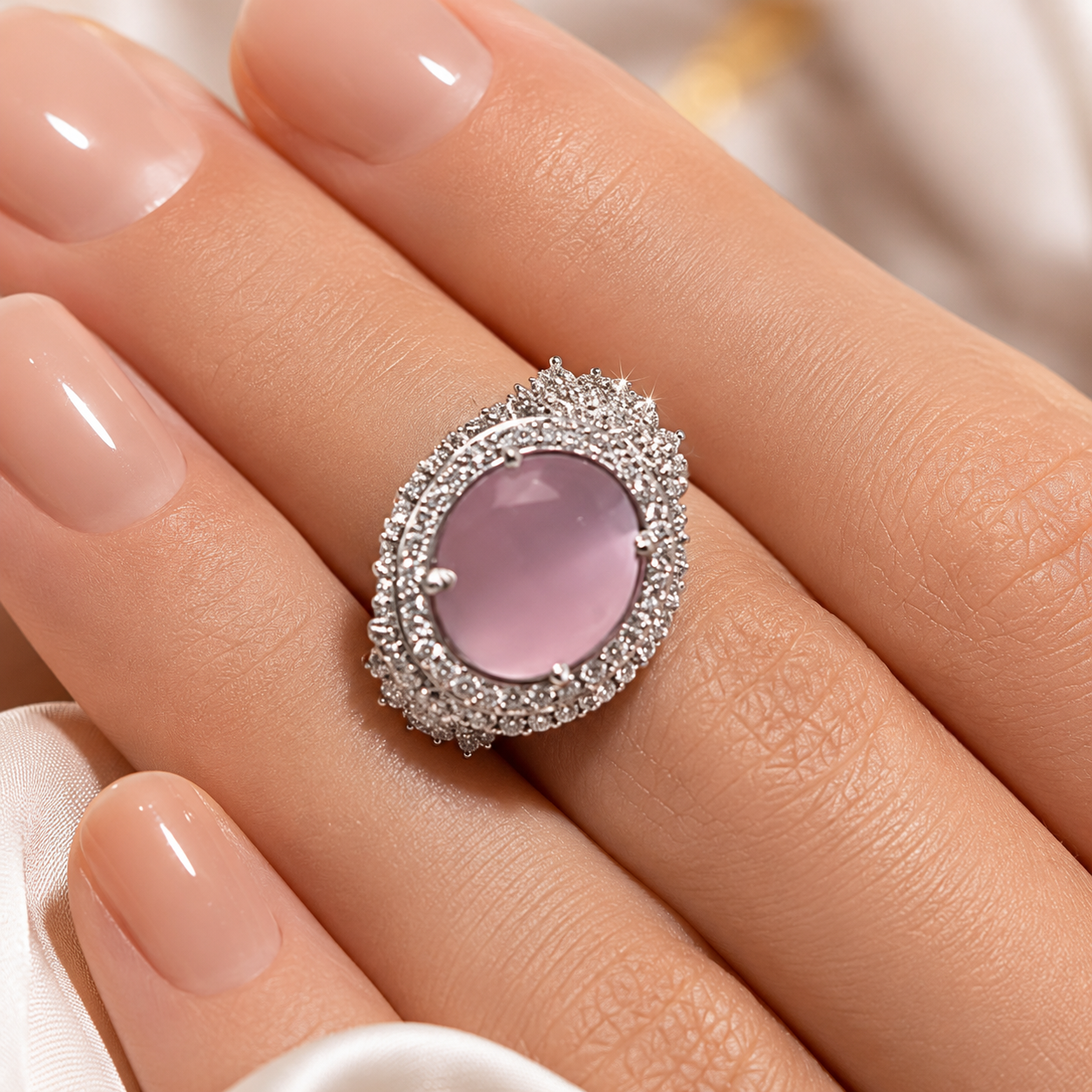 Lavender Oval Crystal Halo Statement Ring